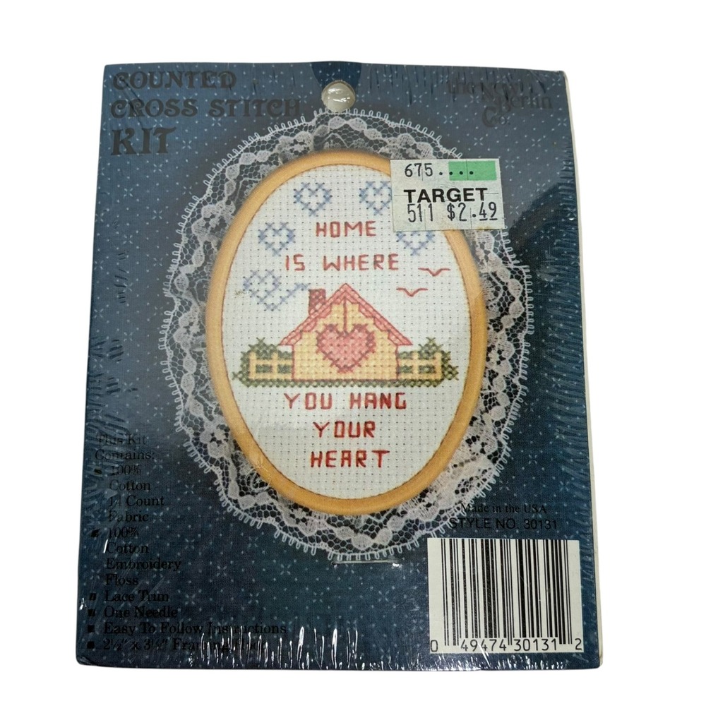 Vintage New Berlin Co 2.5x3.5 Cross Stitch Kit Blue Home Is Where Heart Hangs